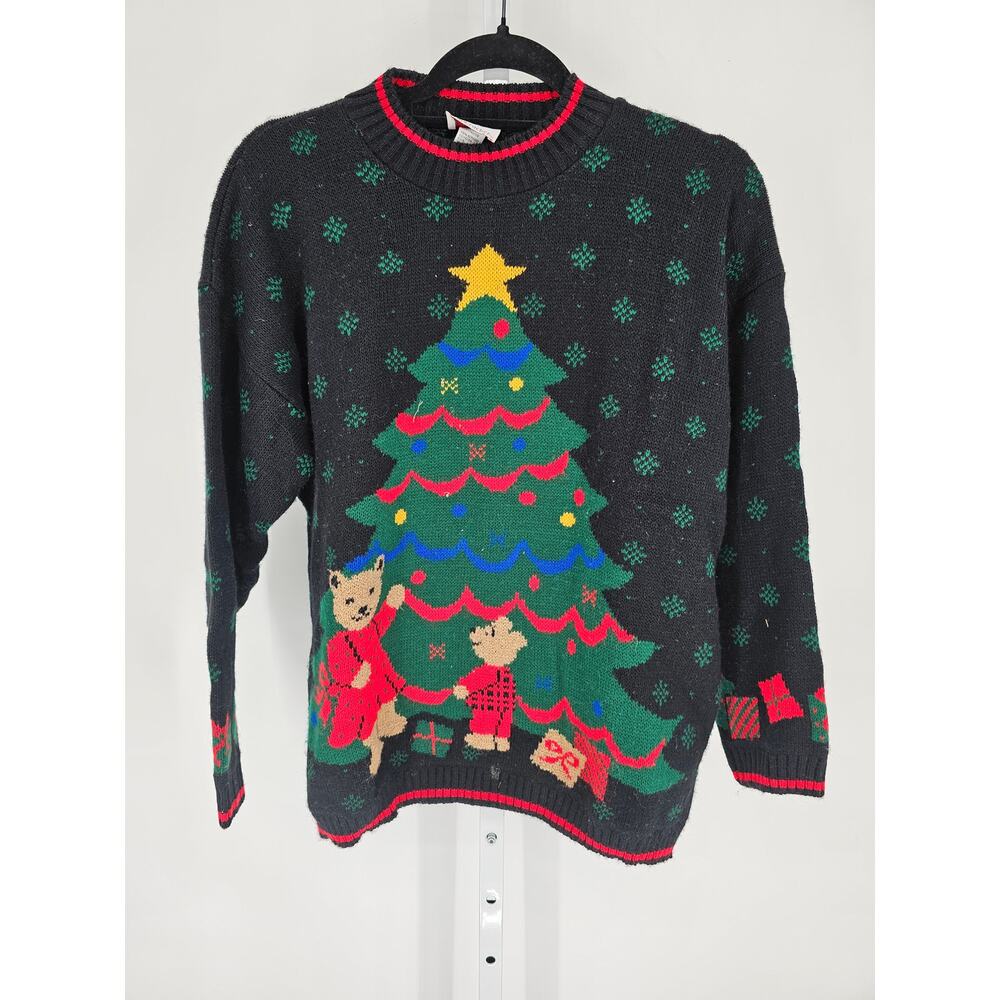 VTG Nutcracker Womens Sz M Christmas Tree Holiday Sweater Teddy Bears Knit